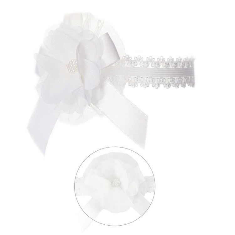 Picture of HB45-W: – 5450- LACE HEADBAND/ LACE FLOWER & BOW W/GEM WHITE